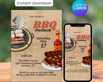 BBQ Potluck invitation fathers day invite grill and chill  backyard bbq block party invite i do bbq editable printable instant download