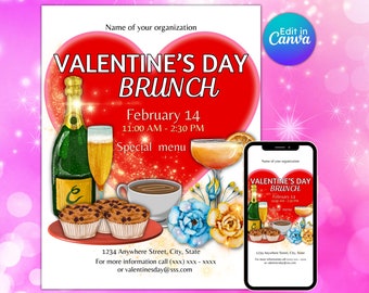Valentine's day brunch flyer, galentines day, hear party, girls night, bar and grill, editable, printable, instant download