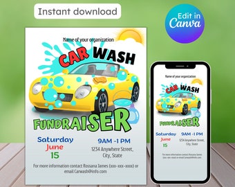 Folleto editable para recaudar fondos para lavado de autos, lavado de autos móvil, plantilla para recaudar fondos para lavado de autos, recaudación de fondos para la PTA de autos, plantilla de Canva, descarga instantánea
