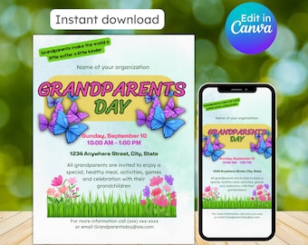 Volantino per la festa dei nonni, volantino per il pranzo dei nonni, invito per la festa dei nonni a scuola, volantino per la giornata di divertimento in famiglia, modificabile, download immediato