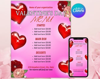 Valentine's Day menu flyer sweet treats price romantic dinner valentines lunch community event editable printable instant download