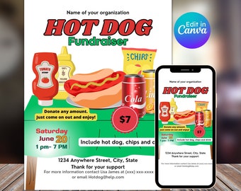 Hot dog fundraiser flyer, national hot dog day, nonprofit charity, school church fundraiser, community event, editable, instant download