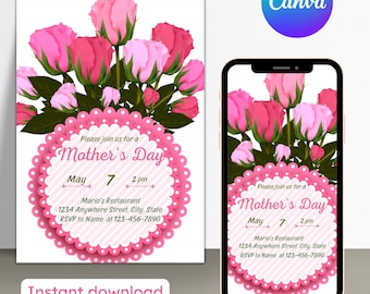 Mother's Day invitation, brunch invite, mom and mimosas, church brunch, mum day floral, Editable, printable, instant download