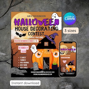 Dépliant du concours de décoration de maison d'Halloween, maison hantée, gagnant du concours de fête costumée, événement communautaire, téléchargement immédiat imprimable