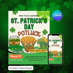St. Patrick&#39;s day potluck flyer block party invite neighborhood party meet and greet potluck gathering editable printable instant download