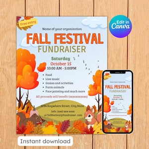 Fall festival fundraiser flyer autumn invitation school church event neighborhood block pta pto event editable printable instant download