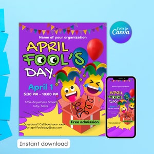 Folheto do dia da mentira atividades divertidas jogos de festa festa de bairro pegadinha em sala de aula editável para impressão download instantâneo