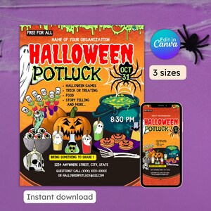 Halloween Potluck Flyer, Hausparty-Event, Stamm oder Leckerei, Block-Party einladen, Halloween-Mittagessen, bearbeitbar, druckbar, sofort-Download
