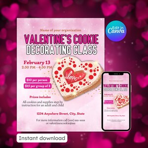 Valentinstag Kekse Dekoration Klasse Flyer Royal Icing Klasse Valentinsgrüße Herz Kekse Kinder Valentinstag bearbeitbar druckbar sofortdownload