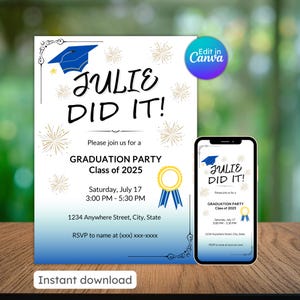 Editable Graduation Invitation Template: Blue, Black, and Yellow (Digital Download)