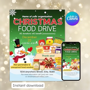 Christmas food drive flyer community event school fundraiser holiday food drive nonprofit charity editable printable instant download
