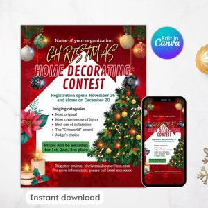 Concurso de decoración navideña para el hogar, folleto, invitación para las fiestas, escuela, PTA, invitación para fiesta de Navidad de Papá Noel, descarga instantánea, editable e imprimible