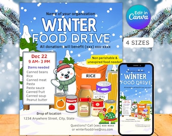 Winter food drive flyer, donations needed, school pto pta, holiday fundraiser, community event, editable, printable, instant download
