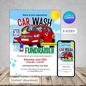 Flyer carwash-inzamelingsactie, auto schoon, autoreparatie, teaminzamelingsactie, community-evenement, bewerkbaar, afdrukbaar, onmiddellijke download