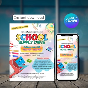 School supply drive flyer back to school pto pta flyer fundraiser template new school year editable invitation printable instant download