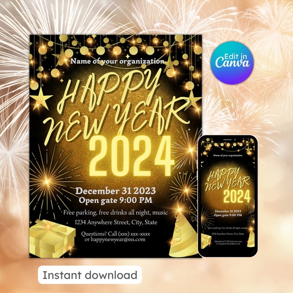 Happy new year 2024 flyer December 31st new year holiday nye party invitation new year eve  editable printable instant download