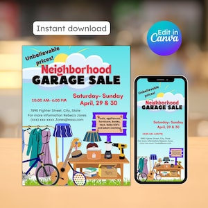 Neighborhood garage sale flyer, Garage sale flyer, Yard sale flyer, Community event, rummage sale flyer template, instant download editable