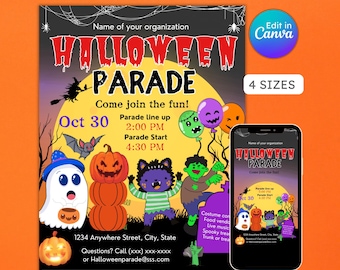 Może przedstawiać: Plakat Halloween Parade z postaciami z kreskówek, dyniami i balonami. Plakat zawiera datę, godzinę i miejsce wydarzenia. Smartfon wyświetla plakat. Słowa "Natychmiastowe pobieranie" znajdują się na dole.
