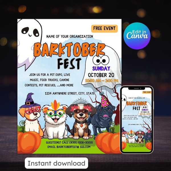 Barktober fest flyer puppy adoption fall fundraiser halloween benefit event neighborhood party editable printable instant download