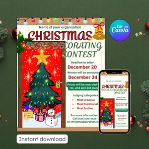 Concurso de decoração de porta de Natal, folheto, fotos de decoração de feriado com ideias de competição de Papai Noel, evento comunitário, editável, download instantâneo