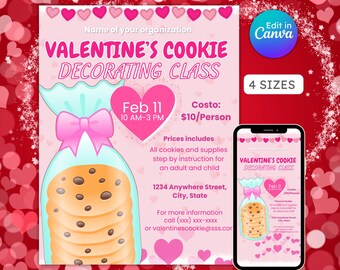 Valentine's cookie decorating class flyer, baking party, galentines day, kids valentines, teacher appreciation, editable, instant download