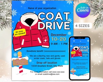 Coat drive flyer, winter clothing, cold weather clothes, homeless shelter, school fundraiser, editable, printable, instant download