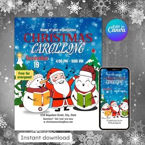 Christmas carolling flyer, church school event, holiday special, neighborhood carol, jingle bells, editable, printable, instant download