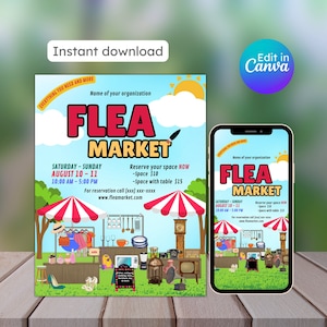 Folleto de mercado de pulgas, evento comunitario, imprimible, editable, plantilla de canva, folleto de evento local, tamaño carta de EE. UU., descarga instantánea