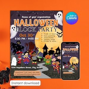 Halloween block party flyer, trick or treating, fall festival, trunk or treat, community event, editable, printable, instant download
