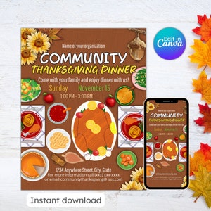 Community thanksgiving dinner flyer, fall event, school festival, church fundraiser, pie invitation, editable, printable, instant download