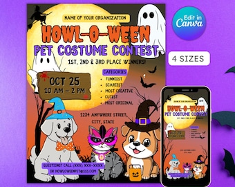 Howl-o-ween pet costume contest flyer, dog costume, halloween party, trick or treat, editable, printable, instant download