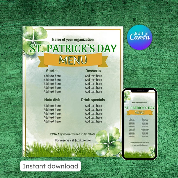 St. Patrick's day menu flyer cocktail party menu template invite invitation st patty day editable printable instant download