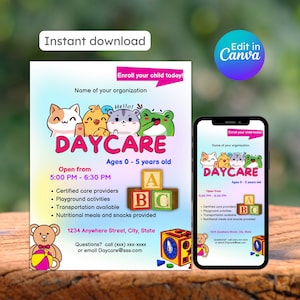 Editable Daycare Enrollment Flyer, early childhood, social media post, baby sitting, childcare center, in home daycare, editable, printable