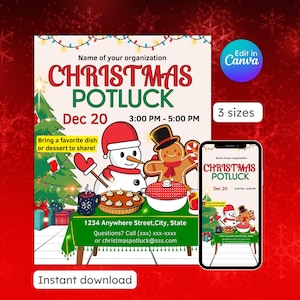 May include: A festive Christmas potluck invitation with a snowman and gingerbread man. The invitation includes the date, time, and location of the event. It also encourages guests to bring a favorite dish or dessert to share.