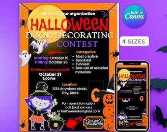 Halloween Door Decorating Contest Flyer, trick or treat, haunted house, October door flyer, community event, editable, instant download