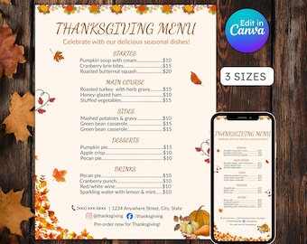 Thanksgiving menu flyer, turkey dinner, friendsgiving invite, autumn menu sign, buffet card, editable, printable, instant download