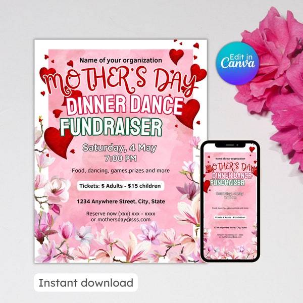 Mother's Day dinner dance fundraiser flyer brunch lunch banquet tea party woman female girl women's day editable printable instant download