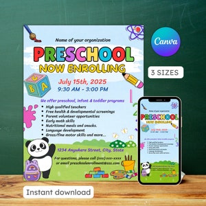 Inschrijvingsflyer kleuterschool, terug naar school, open inschrijving, vroege kinderjaren, thuisopvang, bewerkbaar, afdrukbaar, direct downloaden