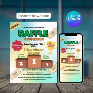 Raffle fundraiser flyer, cash raffle flyer, pto pta donation, volunteers flyer, printable, editable, template, instant download, Canva