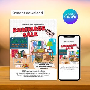 Rummage sale flyer, neighborhood yard sale, garage sale flyer template, pta pto, church school fundraiser, editable, instant download