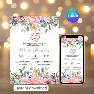 Invitación de quince años, invitación de quinceañera, invitación electrónica de cumpleaños para adolescentes, editable, descarga instantánea