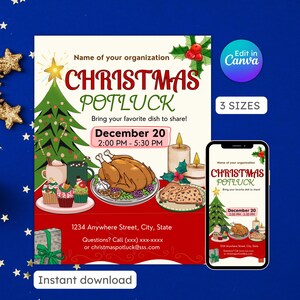 Könnte beinhalten: Eine festliche Weihnachts-Potluck-Einladung mit einem rot-grünen Design. Der Text lautet "CHRISTMAS POTLUCK" und enthält Datum und Uhrzeit. Das Bild zeigt Illustrationen von Essen, einem Weihnachtsbaum und Kerzen. Erhältlich in 3 Größen.