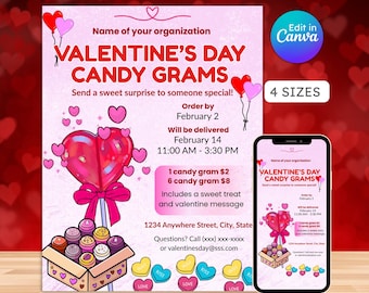 Valentine's Day candy grams flyer, pta pto event, school fundraiser, classroom activities, sweetheart dance, editable, instant download