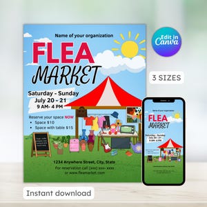 Folleto de mercado de pulgas, venta de barrio, venta de garaje, festival benéfico, PDF, evento comunitario, editable, imprimible, descarga instantánea