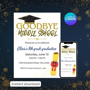 Goodbye middle school graduation invitation, grad party, 8th grade graduation, hello highschool, editable, printable, instant download