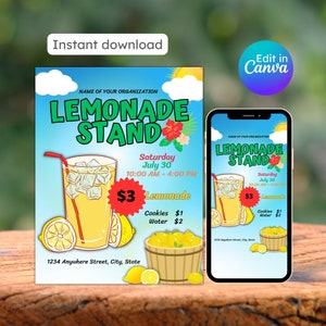 Limonadenstand Flyer Limonaden-Spendenaktion Sommer-Picknick pta-Spendenaktion Limonadenstand druckbar bearbeitbar sofortdownload