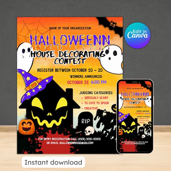 Halloween house decorating contest flyer haunted house spooky season community event editable printable instant download