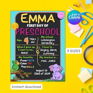 Primo giorno di scuola materna cartello di ritorno a scuola 1° giorno di scuola materna cartello scuola pre-laurea download immediato stampabile modificabile