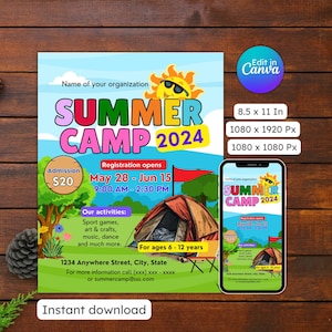Convite para acampamento de verão infantil, evento comunitário, atividades de verão, evento de arrecadação de fundos, editável, para impressão, download instantâneo