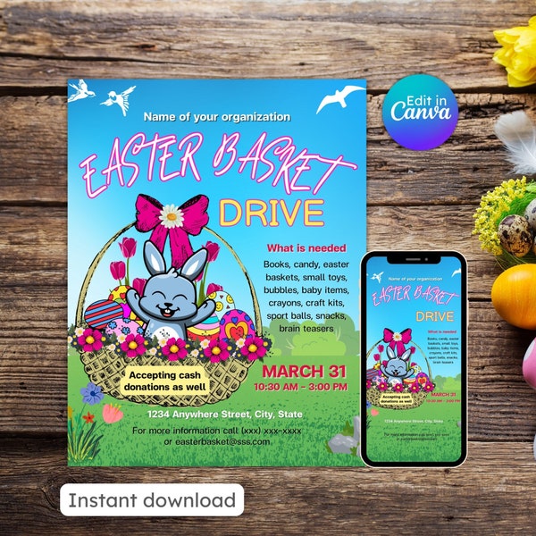 Easter basket drive flyer community event charity benefit pto pta fundraiser invite invitation editable printable instant download